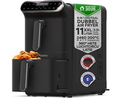Turbotronic AF-500D - Dubbele Airfryer - 11L - Airfryer XXL - Heteluchtfriteuse - Dual Heating - 50ºC tot 200ºC - 6 Kookprogramma's - Zwart