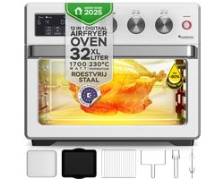 TurboTronic AF32DRD Airfryer XXL en Mini Oven – 32 Liter – Vrijstaande Oven – 12 Kookprogramma’s – 25° tot 230°C – Zilver