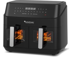 Turbotronic Airfryer XXL - 9 Liter Heteluchtfriteuse - Dubbele Mand - 2 x 4.5L - 50ºC tot 200ºC - 10 Kookprogramma's - Zwart