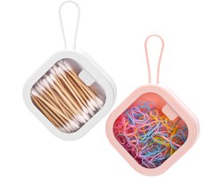 Haarelastiekjes organizer, kleine draagbare haarelastiekjes houder, opbergbox organizer met deksel voor wattenschijfjes, stippen, tandzijde, haarspelden, reissieraden (2 stuks, wit + roze)