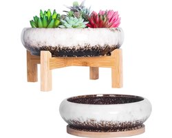 Kleurige keramische plantenpotten set van 2 - 18,5/25 cm grote bonsaipotten met dienbladen voor binnen en buiten