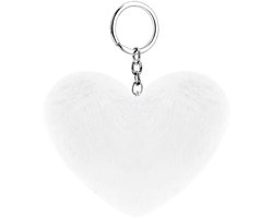 Zachte kunstmatige konijnenbont sleutelhanger met liefdeshart en schattige charmetas voor vrouwen en meisjes, wit, één maat