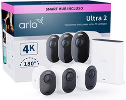 Arlo Ultra 2 draadloze WiFi-beveiligingscamera voor buiten, 4K UHD, 180˚ kleurennachtzicht, sirene & spotlight, bewegingsdetectie, 2-weg-audio, 6 mnd batterij, lokale opslag (SD-kaart), incl. proefp. Arlo Secure, 3 IP-Camera's + Smart Hub, wit