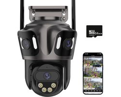 Beveiligingscamera Buiten - Buiten Camera met Nachtzicht - Drie Lens Design - 360° Auto Tracking - Inclusief 64GB SD - Zwart