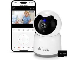Beveiligingscamera – met Nachtzicht – Camerabewaking – Beveiligingscamera Binnen – Wifi en 64GB SD-kaart – Full HD – Huisdiercamera – Wit – Saaf