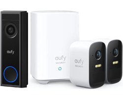 eufy 2K FHD Video Deurbel met Nachtzicht + eufy 2C Draadloze Beveiligingsset - Inclusief Homebase2 en 2 Camera's - Wit- Video doorbell Bundel