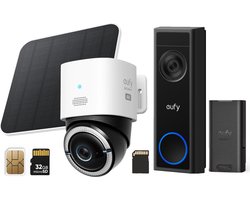 Eufy nieuw Videodeurbel C31 Incl. 32G SD-kaart | 2K FHD ( kan zowel bedraad als op accu ) + 4G LTE S330 Camera - met WiFi - 4K Pan&Tilt - Volkomen draadloos met zonnepaneel - AI Tracking en 4G verbinding met simkaart