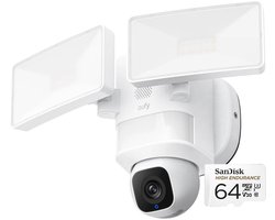 eufy Security E30 Floodlight Camera Bundle– 360° Pan & Tilt – 2K Video – AI Detectie en Tracering – 2000 Lumen – Aangepaste Stem- en Lichtwaarschuwingen – 24/7 Opname + SanDisk High Endurance MicroSD Card 64GB, Tot 5.000 Uur Opnemen, Full HD En 4K