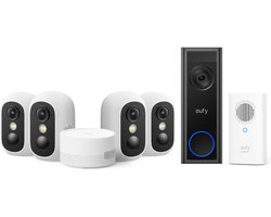 eufy Security eufyCam C35 4-Cam Kit, Wit, Draadloze Beveiligingscamera Voor Buiten en Binnen + eufy Video Doorbell C30 + Chime - Bundel