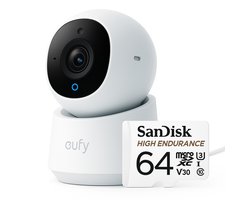 eufy Security Indoor camera E30 – Indoor Cam - 4K UHD – Pan & Tilt – AI Mens- en Huisdierdetectie – Kleurennachtzicht – Tweewegcommunicatie – Lokale Opslag + SanDisk High Endurance MicroSD Card 64GB, Tot 5.000 Uur Opnemen, Full HD En 4K