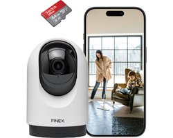 Finex™ Binnenhuiscamera - Inclusief SD kaart (64GB) - Wit - Huisdiercamera met app - Binnen Camera - Camerabewaking - Wifi Camera APP - 2K - Pan & Tilt - met Nachtzicht - Auto‑Tracking & 2‑weg Audio - Wit