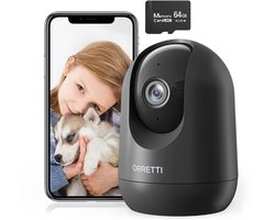 Orretti® X21 - Beveiligingscamera binnen - 3MP 2K Ultra HD - Huisdiercamera - Beveiligingscamera's - DUALBAND Wifi Camera - beweging en geluidsdetectie - Bewakingscamera - Babyfoon - Incl. 64GB SD - 2.4/5 GHz - Zwart