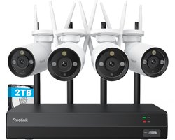 Reolink RLK12-800WB4 4K Beveiligingscamera Systeem, 4 Stuks Outdoor 4K/8MP Plug-in WiFi 6 Camera‘s, 2,4/5 GHz, Kleuren Nachtzicht, Persoons-/Voertuig-/Dierendetectie, 2-weg Audio, 16CH WiFi NVR met 2TB HDD