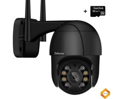 Zekona 20C Zwart - Full HD Beveiligingscamera - IP Camera Beveiliging - Outdoor Beveiliging - Bewakingscamera voor Binnen & Buiten - Buiten Camera met Nachtzicht - Indoor Camera met Meeluister Functie - WiFi 4x Digitale Zoom + 32 GB SD Kaart