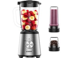 COOK-IT 3-in-1 Blender - 1500W - RVS Design - Glazen Blenderkan 1,75L - Kruidenmolen 200ml - Smoothie Meeneembeker 600ml - 2 Snelheden + Pulsefunctie - Krachtige Multifunctionele Keukenmixer