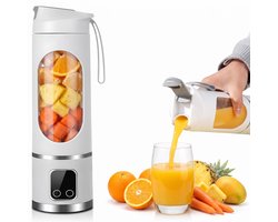 Draagbare blender - 450 ml - USB-oplaadbare smoothiemaker met 12 messen en LED-display - Drinkdeksel, siliconen draaglus - Wit - 500g Lichtgewicht - 3 Snelheden - 12000 RPM Smoothie Maker - To-Go Beker voor Shakes - Sport - Reizen - Kantoor
