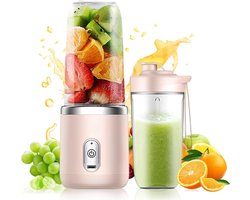 Draagbare Mixer 400 ml, met extra beker, USB-oplaadbaar, kleine draagbare blender met 6 messen, mini mixer voor milkshakes, sap, smoothies (roze)