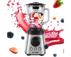 FITAGE Blender Glazen Kan 1.9L - Blender Smoothie Maker gehard Glas - Keukenblender 1200W - Vaatwasser bestendig - RVS