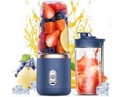 JeiibrZui USB-oplaadbare Blender - Draagbare Smoothieblender - 6 Roestvrijstalen Messen 21.000 tpm - 400 ml - Blauw