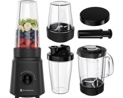 KitchenBrothers Blender - Complete Set - 2x 750ml Kan - Grinder - Stamper - To-Go Bekers - Zwart