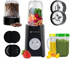 KitchenBrothers Smoothie Blender - 2-in-1 - Blender to Go - 4 Bekers - Smoothie Maker To Go - Mini Blender - Zwart