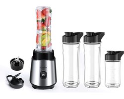 LOVIO Smoothie Blender met Glazen Kan – 500W Mini Blender – 3 BPA-vrije Tritan Drinkflessen – Koffiemolen & Notenmolen – RVS Messen