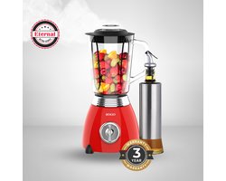 SOGO SS-5560 Retro Rode Power Blender met 1.5l Glazen Kan Inclusief Maxenza Design Glazen Olie Fles