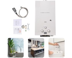 Instant Water Heater, 8L Tankless Propaan Gas Boiler 16KW LPG Instant Boiler Boiler LED Display Outdoor Camping Met Douchekop Kit voor RV Keuken Badkamer, Wit(Silver)