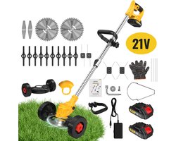 CONENTOOL 5-in-1 Accu Grastrimmer 21V 650W - Draadloze Grasmaaier met Hulpwielen - Incl. 2 Accu's - Geel