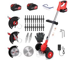 HOMTAS 3-in-1 Kantenmaaier – Grastrimmer – Bosmaaier – Grasmaaier – Draadloos & Elektrisch – Incl. 2 Accu ‘s & Snellader met wielen –Red-15cm Cutting Diameter