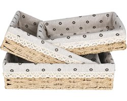 Vierkante broodmand set 3-delig - gevlochten zeegras met katoenen inzetstuk, 35x31x27 cm