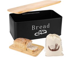 Zwarte Broodtrommel met Snijplank en Linnen Broodzak - Houdt Brood Vers en Stijlvol