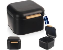 Zwarte metalen broodtrommel met bamboe handvat, 21,5 x 20 x 14,5 cm