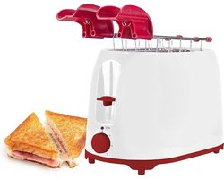 Aurixi® Broodrooster Met Tostiklemmen - Toaster Met Kruimellade 750W - Tosti Apparaat & Tosti Ijzer Alternatief - 7 Standen - Wit/Rood - 17cm x 30cmx 26cm