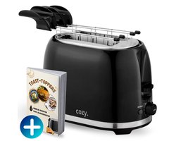 cozy.® Broodrooster met Tostiklemmen - Tosti Apparaat 850W - Retro Tosti Ijzer & Toaster - Brede Sleuven & 7 Standen - Ontdooi & Verwarm functie - Inclusief E-book - Broodrooster Zwart