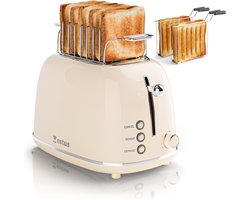Estus Iconic Broodrooster met Tostiklemmen en Opwarmrek - Retro Toaster - Extra Brede Sleuven - Alle Broodsoorten - Premium - Beige