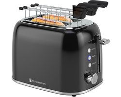 KitchenBrothers Broodrooster met Tostiklemmen - Toaster - 6 Warmteniveaus - Brede Sleuven - Broodrooster - 870W - Zwart