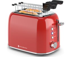 KitchenBrothers Broodrooster met Tostiklemmen - Toaster - Tosti Ijzer - 6 Warmteniveaus - Brede Sleuven - Broodrooster - 870W - Rood