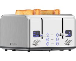 KitchenBrothers Broodrooster - PFAS en BPA Vrij - Toaster - 6 Warmteniveaus - 4 Sneden - 4 Extra Brede Sleuven - 1630W - RVS/Zilver