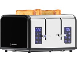KitchenBrothers Broodrooster - PFAS en BPA Vrij - Toaster - 6 Warmteniveaus - 4 Sneden - 4 Extra Brede Sleuven - Touch display - 1630W - RVS/Zwart