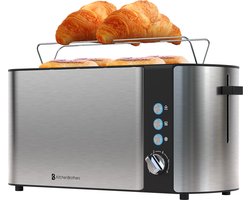 KitchenBrothers Broodrooster - Toaster - 6 Warmteniveaus - 2 Extra Lange Sleuven - 1520W - RVS/Zwart