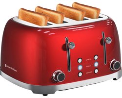 KitchenBrothers Retro Broodrooster - PFAS en BPA Vrij - 4 Sneden -6 Warmteniveaus - 4 Sneden - 4 Extra Brede Sleuven - 1630W - Reheat en Ontdooi-functie - Rood