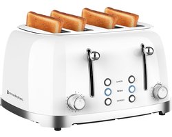 KitchenBrothers Retro Broodrooster - PFAS en BPA Vrij - 6 Warmteniveaus - 4 Sneden - 4 Extra Brede Sleuven - 1630W - Reheat en Ontdooi-functie - Wit