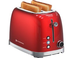 KitchenBrothers Retro Broodrooster - PFAS en BPA Vrij - Toaster - 6 Warmteniveaus - 2 Extra Brede Sleuven - 815W - Rood