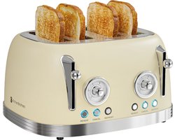 KitchenBrothers Retro Broodrooster - PFAS en BPA Vrij - Toaster - 6 Warmteniveaus - 4 Extra Brede Sleuven - 815W - Beige