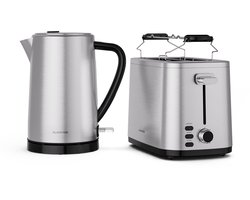 Klarstein Verosteel Essential ontbijtset - roestvrijstalen broodrooster voor 2 sneetjes met 7 bruiningsstanden, broodjeshouder, uitneembare kruimellade en 1,7 l waterkoker met kalkfilter