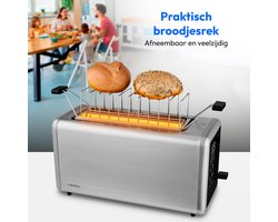 MEDION Broodrooster voor 4 sneetjes met broodjesopzet (7 bruiningsniveaus, 5 programma’s, 1.450 W, 2 lange sleuven, ontdooien, opwarmen, kruimellade, mat RVS, MD12103) zilver