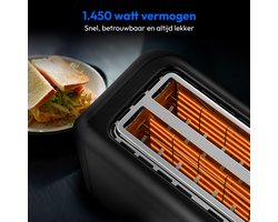 MEDION Broodrooster voor 4 sneetjes met broodjesopzet (7 bruiningsniveaus, 5 programma’s, 1.450 W, 2 lange sleuven, ontdooien, opwarmen, mat RVS, MD12103) zwart