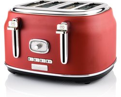 Westinghouse Retro Broodrooster – 4 Sneden – Extra Brede Sleuven – Warmhoudrek – 1750W – Rood