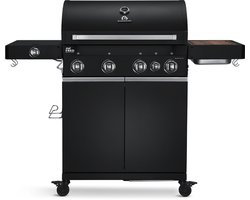 BURNHARD® 4 Branders gasbarbecue Big FRED Black Series 3 incl. achterbrander, keramische 900°C infraroodbrander, zijkookplaat, gietijzeren grillrooster + uitklapbare zijtafels